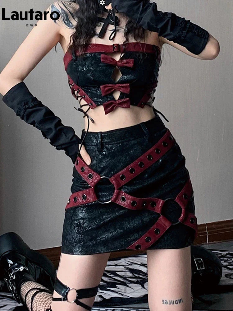 Spring Summer Cool Red and Black Patchwork Pu Leather Mini Skirt Women High Waist Short Luxury Designer Y2K Clothes 2023