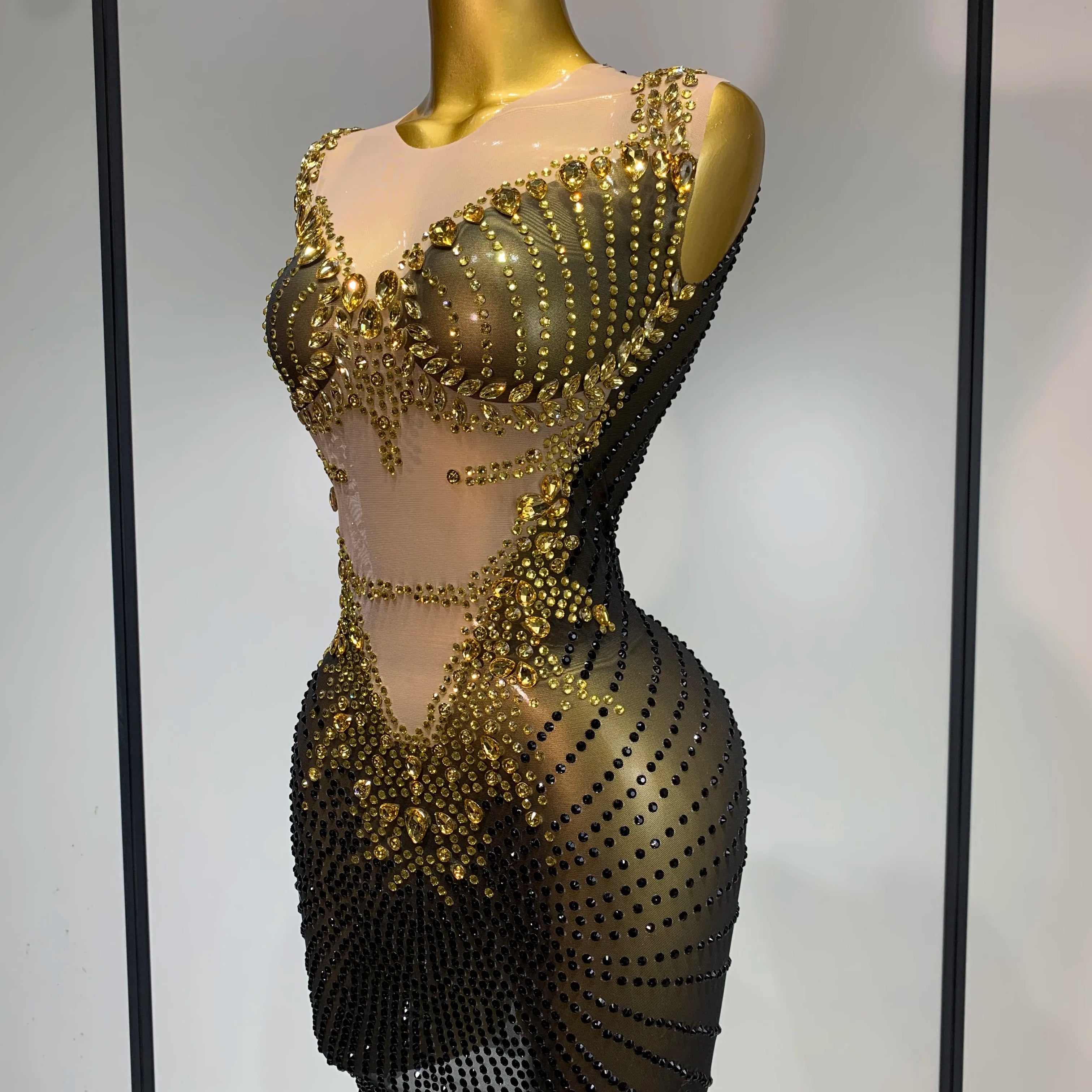 Sparkly Gold Rhinestone Transparent Sleeveless Mini Dress Evening Birthday Celebrate Party Nightclub Dance Performance Outfit