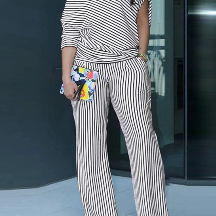 VONDA Plus Size Women Matching Sets 2025 Elegant Off Shoulder Pant Sets Printed Striped Trousers Suits Tops and Wide Leg Pants