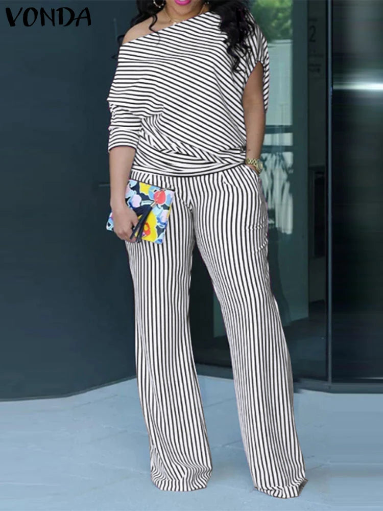 VONDA Plus Size Women Matching Sets 2025 Elegant Off Shoulder Pant Sets Printed Striped Trousers Suits Tops and Wide Leg Pants