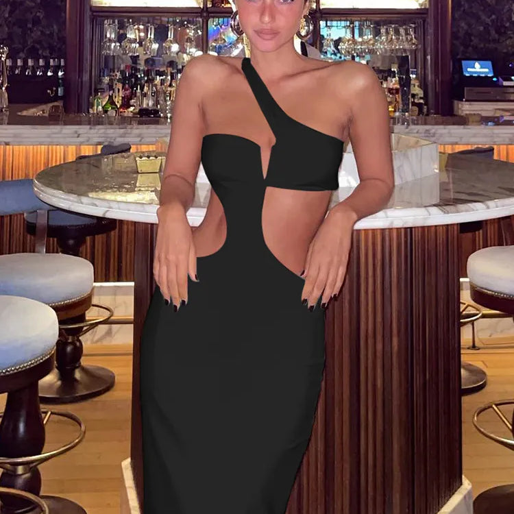 Kliou Off Shoulder Sexy Hollow Out Maxi Dress Women Concise Solid Sleeveless Body-shaping Vestido Female Evening Party Clothing