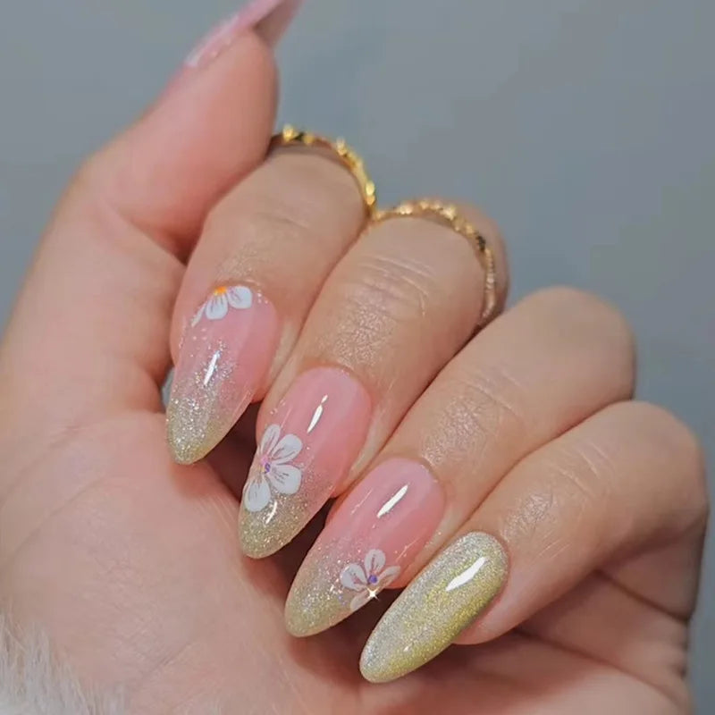 24Pcs Brown Maple Leaves Design Press on False Nails Long Almond Nails Set with Diamond Detachable Retro Fake Nail Tip for Women