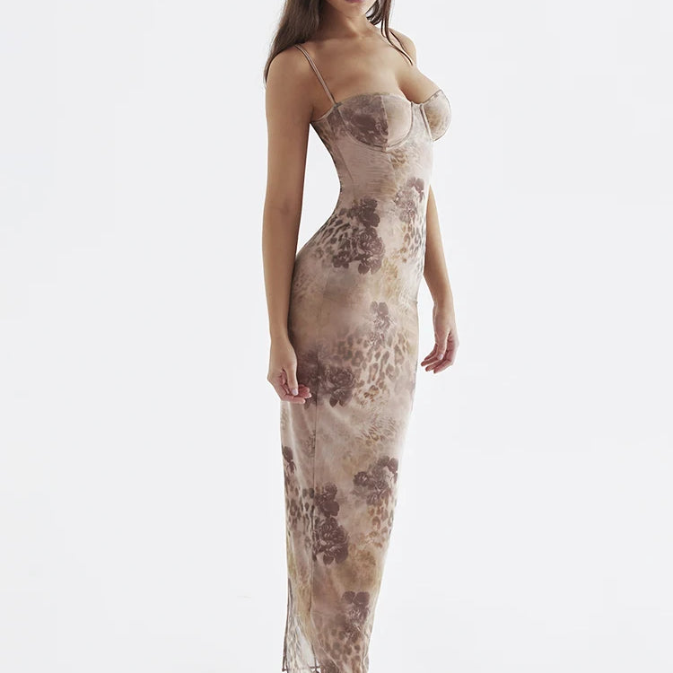 Mesh Print Long Dress with Chest Padded Sexy Back Lace Up Vacays Party Going Out Outfits Summer Dress Women