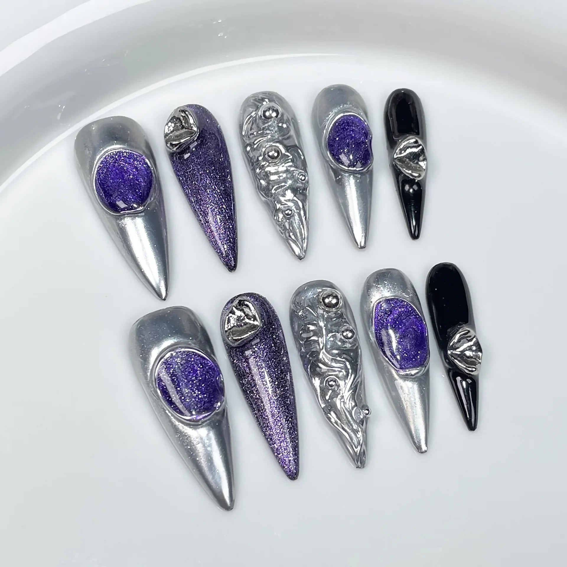 10pcs Purple Cat Eye Stiletto Press On Nails Relief Retro False Nails Sweet Cool Detachable Full Cover Fake Nails Nail Tips Art