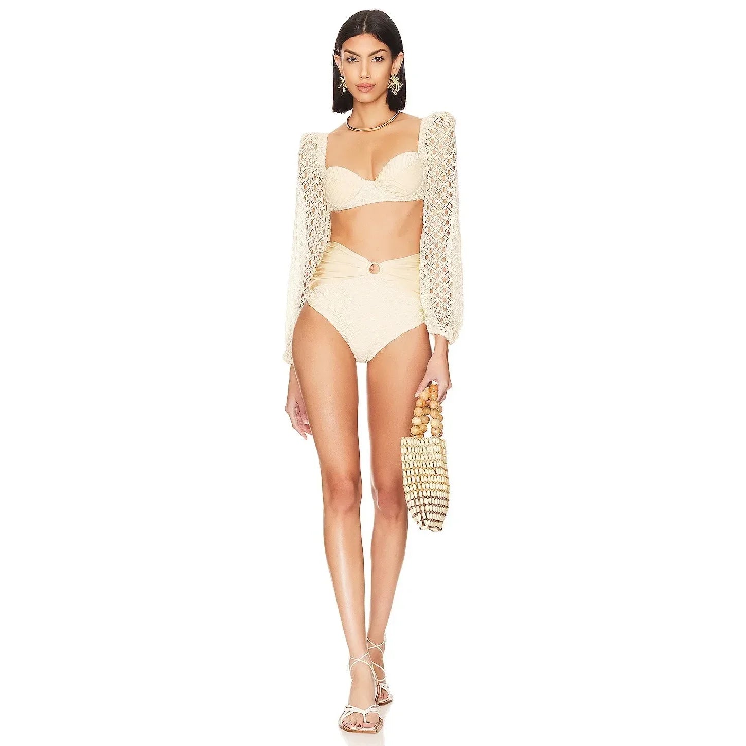 Knit Mesh Crochet Long Sleeve Bikini Sets Cut Out Stretch Swimsuit Cover Up Luxury Swimwear Women's Beach Outfits Beachwear 2024