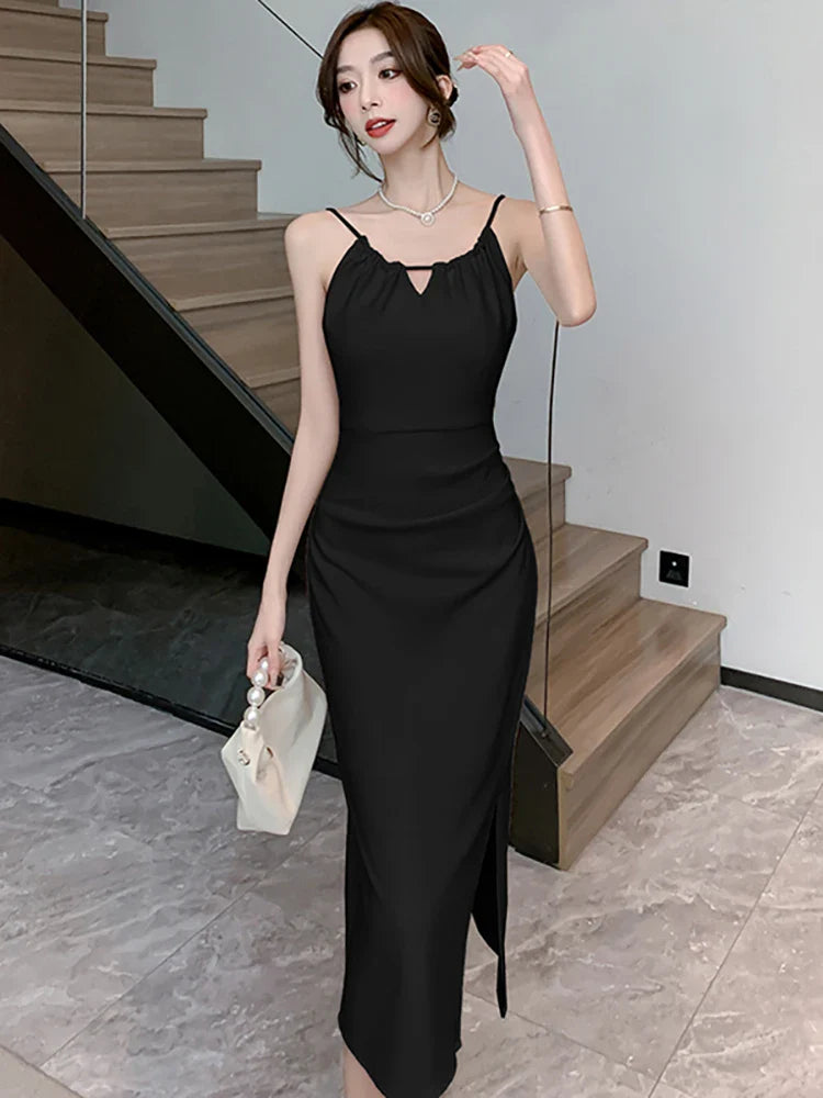 White Hollow Out Sexy Sling Long Dress for Women Korean Luxury Elegant Party Evening Dress Summer Fashion Bodycon Prom Robe