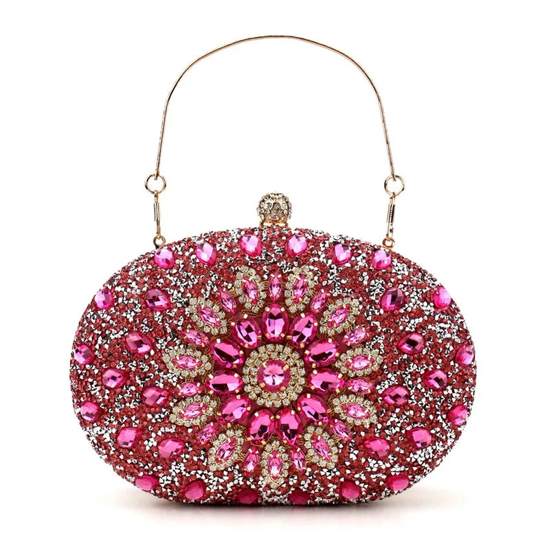 Diamonds Purple Color Women Evening Bags Flower Rhinestones Egg Design Fashion Female Clutch Handbags YM3108rose