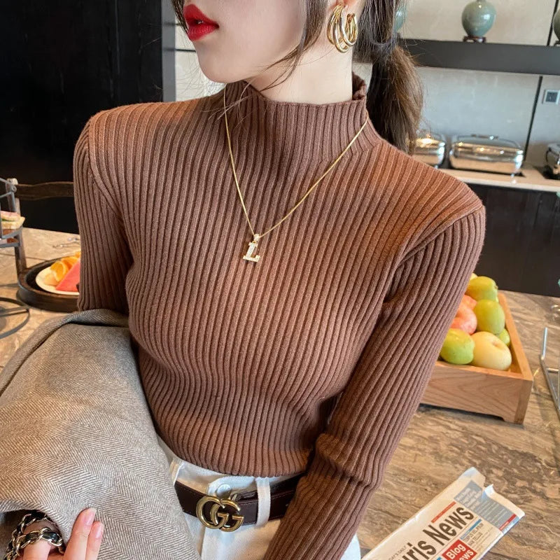 Elegant Solid Basic Knitted Tops Women Turtlneck Sweater Long Sleeve Casual Slim Pullover Korean Fashion Simple Chic Clothes E Uniform size