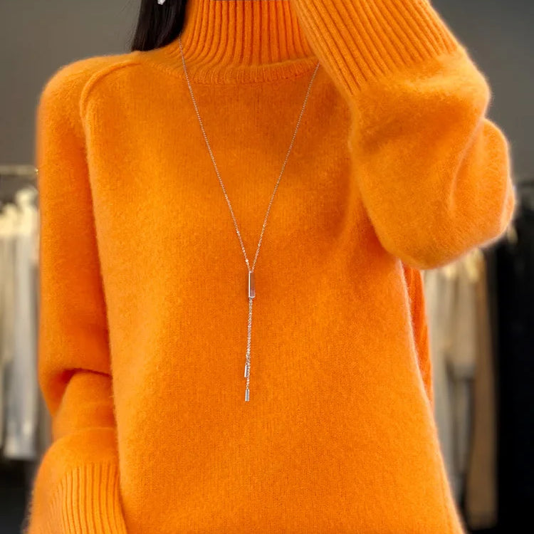 Women Turtleneck Sweater Autumn Winter Basic Pullover 100% Merino Wool Long Sleeves Cashmere Knitted Jumper Female Clothing Tops Orange