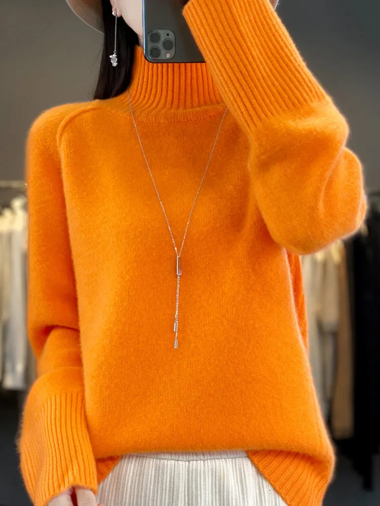 Women Turtleneck Sweater Autumn Winter Basic Pullover 100% Merino Wool Long Sleeves Cashmere Knitted Jumper Female Clothing Tops Orange
