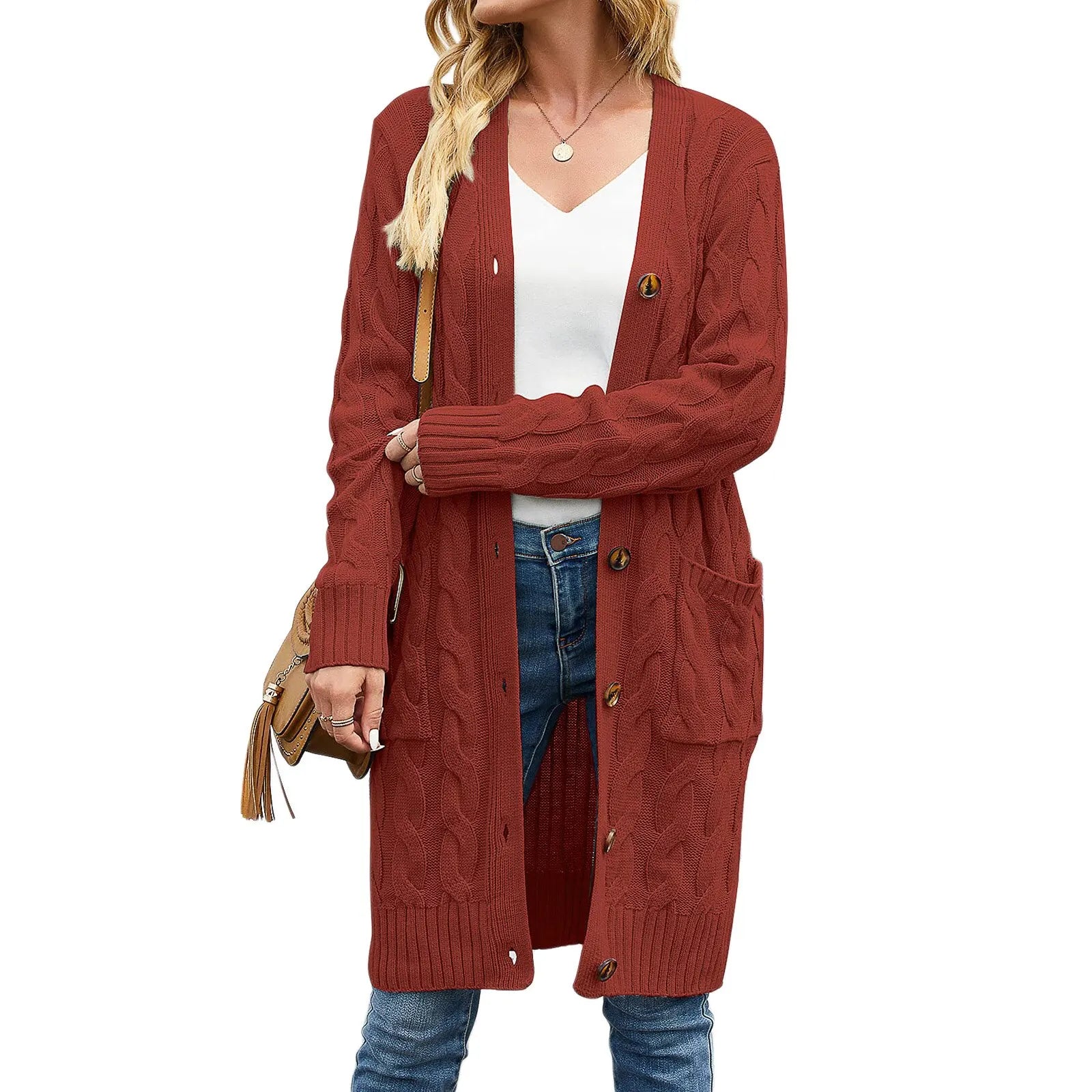 Female Cardigan Solid Color Long Sleeve Sweater Knitted Coat with Pockets for Spring Fall S M L Dark Red