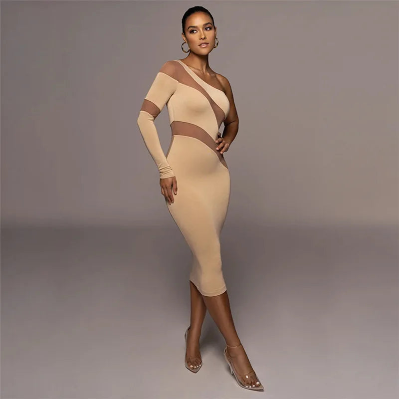 CNYISHE One Shoulder Mesh Sheer Midi Dress for Women Party Club Elegant Dresses Autumn Fashion Streetwear Sexy Slim Dress Robes Khaki