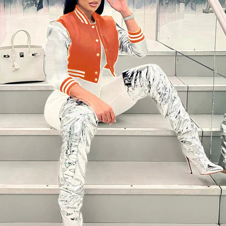 Weird Puss Fluffy Letter Short Jacket Varsity Women Hipster Leather Sleeve Patchwork Y2K Baseball Casual Wild Streetcoat Outwear Orange