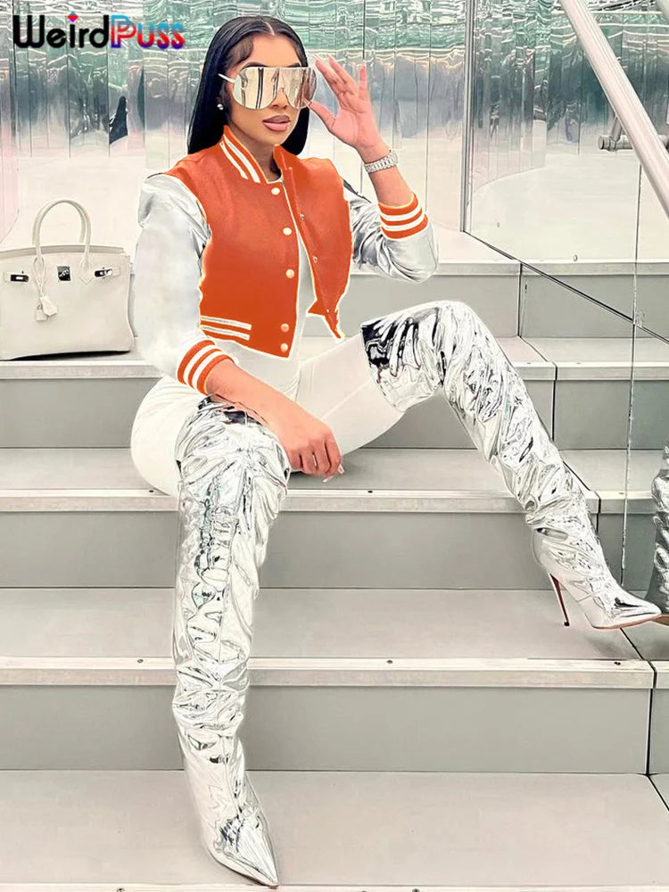 Weird Puss Fluffy Letter Short Jacket Varsity Women Hipster Leather Sleeve Patchwork Y2K Baseball Casual Wild Streetcoat Outwear Orange