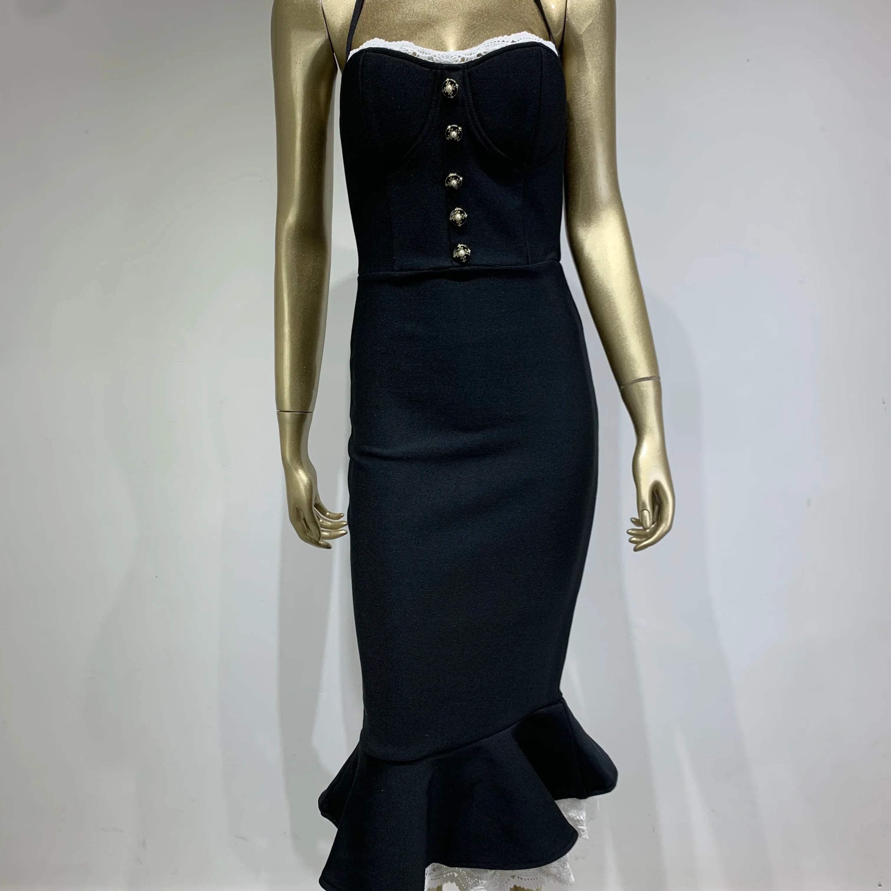 Women Celebrity Sexy Backless Halter Black Mermaid Midi Bodycon Bandage Dress Elegant Evening Club Party Dress