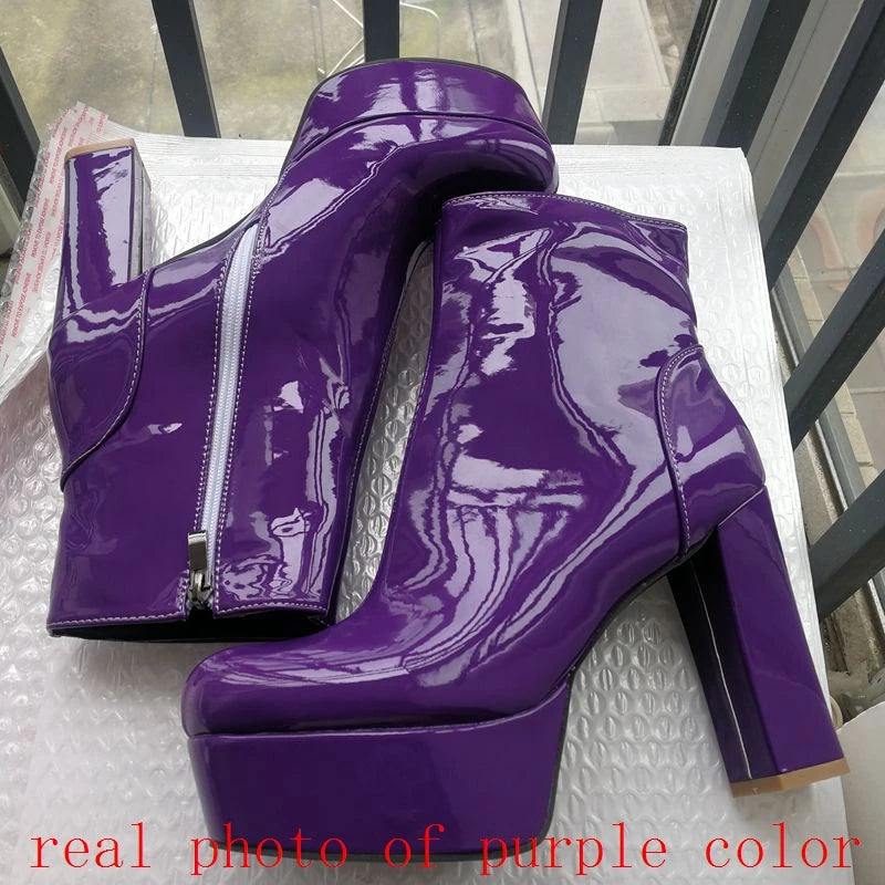 SIMLOVEYO 2022 Ladies Ankle Boots Round Toe Platforms Color Chunky Heel US12 Yellow Purple Orange A4367