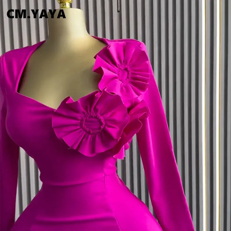 CM.YAYA Women Strapless Mult 3D Flower Long Sleeve Bodycon Mini Dress Sexy Birthday Evening Night Party Club Vestidos Dresses