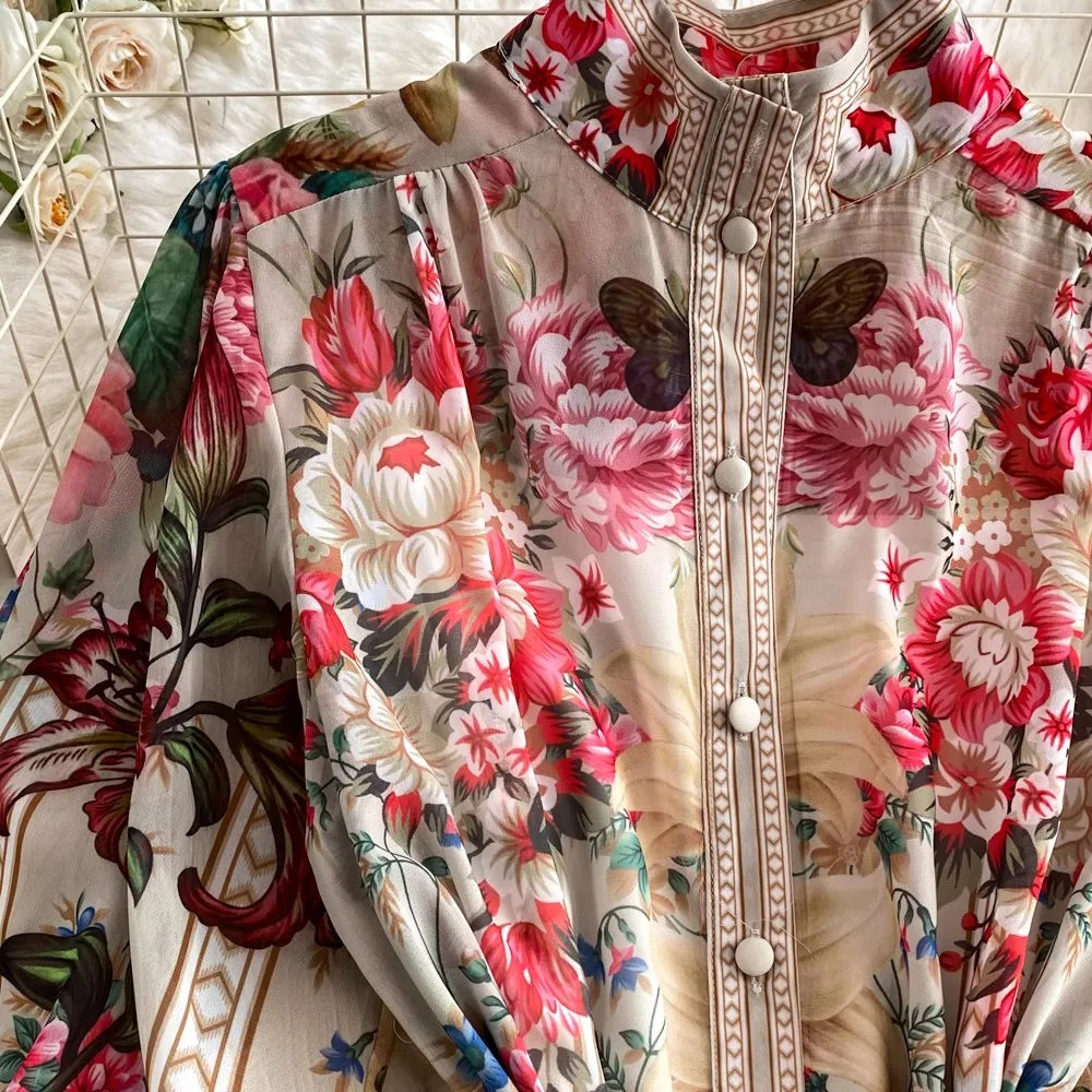 Holiday Flower Print Long Dress Women's Stand Lantern Sleeve Single Breasted Floral Print Belt Oversize Maxi Robe Vestidos 2063