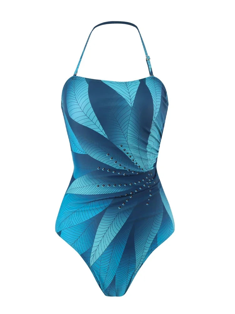 Elegant Blue Leaf Printed One Piece Swimsuit Woman Fashion High Waisted Hanging Neck Swimwear French Covered Belly Bikini swimsuit