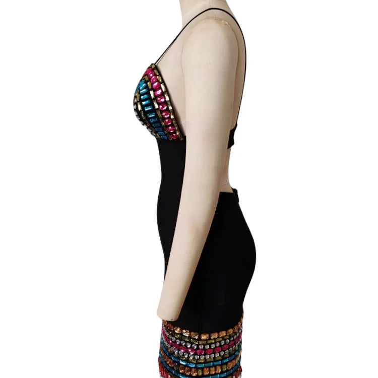 STOCK Colorful Diamonds Sexy V-Neck Spaghetti Strap Mini Bandage Dress Fashion Woman Evening Dress Holiday Vocation Vestido