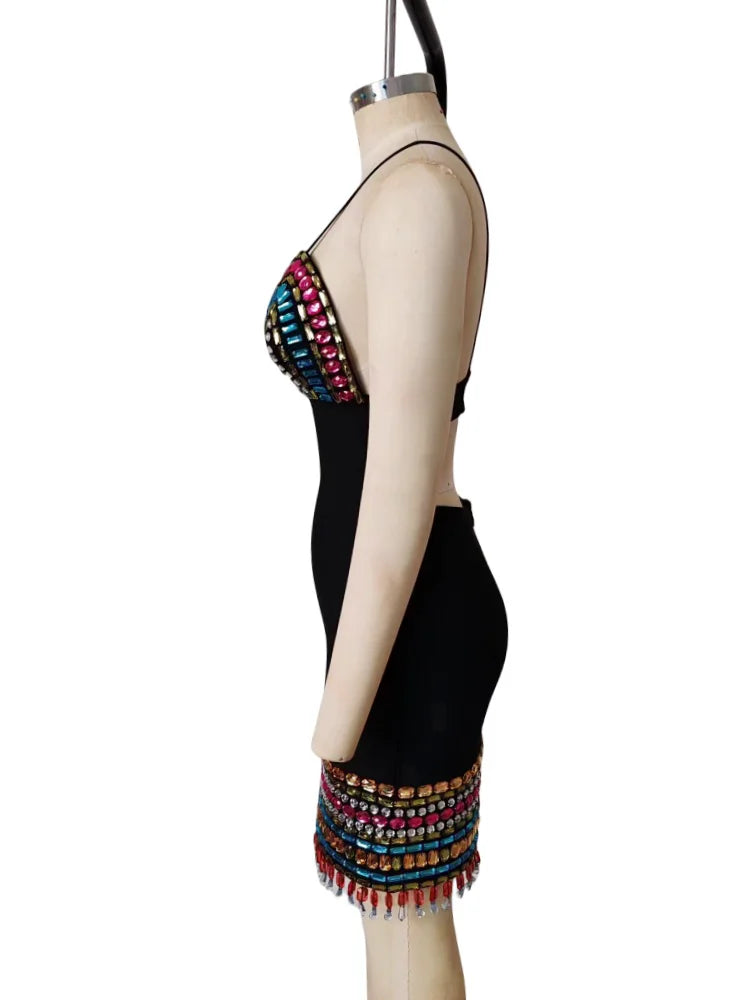 STOCK Colorful Diamonds Sexy V-Neck Spaghetti Strap Mini Bandage Dress Fashion Woman Evening Dress Holiday Vocation Vestido