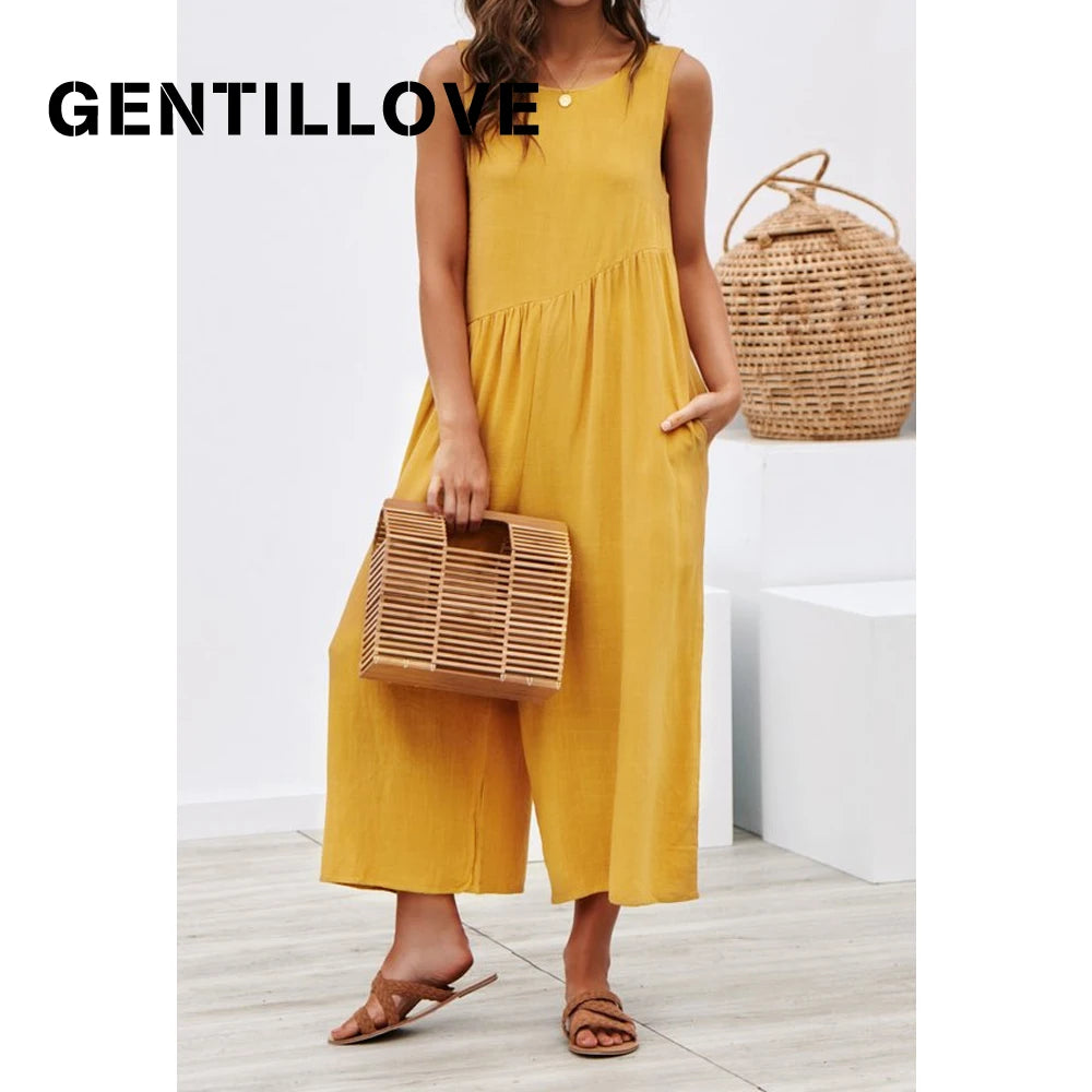 Women Casual Loose Long Jumpsuit Summer Solid Strap Wide Leg Jumpsuit Tie Up Backless Solid Color Vacation macacao feminino