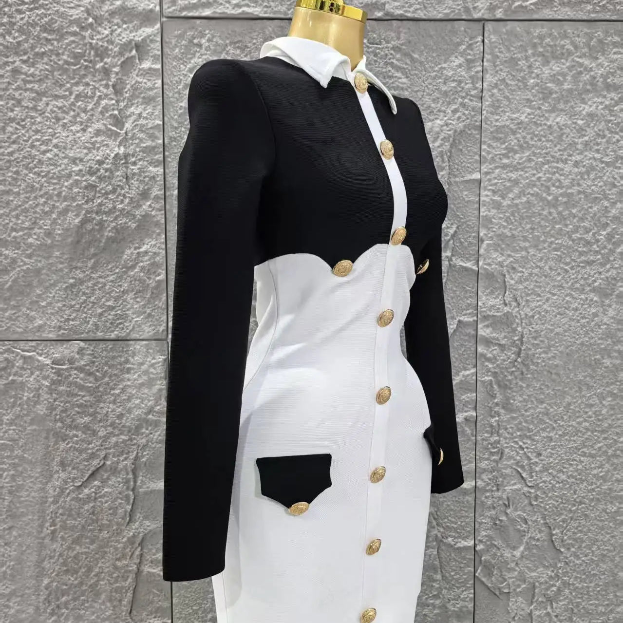 Women Long Sleeve Sexy Pacthwork Button Bodycon Mini Bandage Dress Elegant Evening Party Red Carpet Fashion Cocktail Outfit