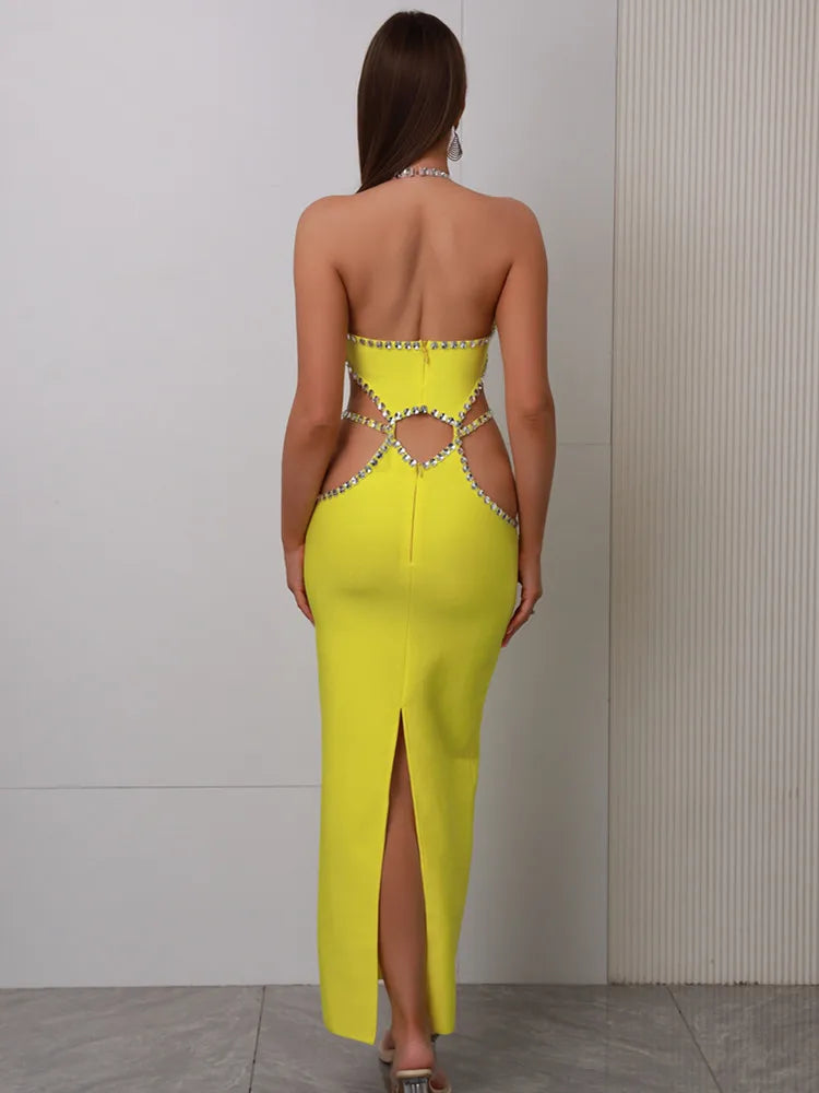 Women Celebrity Sexy Backless Halter Beading Maxi Long Lemon Yellow Bandage Dress Elegant Evening Club Party Dress