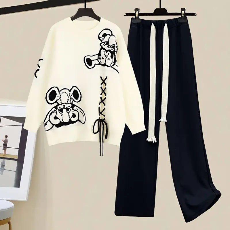 Autumn/Winter New in Matching Set Women's Loose O-Neck Knit Sweater Wide Leg Pants Two Piece Korean Elegant Tracksuit Suit Beign Set