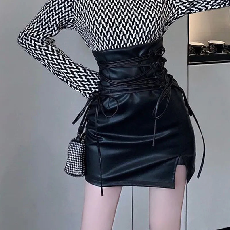 Black Leather Mini Skirts Women Gothic High Waist Slim Fit Lace-Up Pencil Skirt Female Sexy Club Back Zipper Split Bag Hip Skirt black