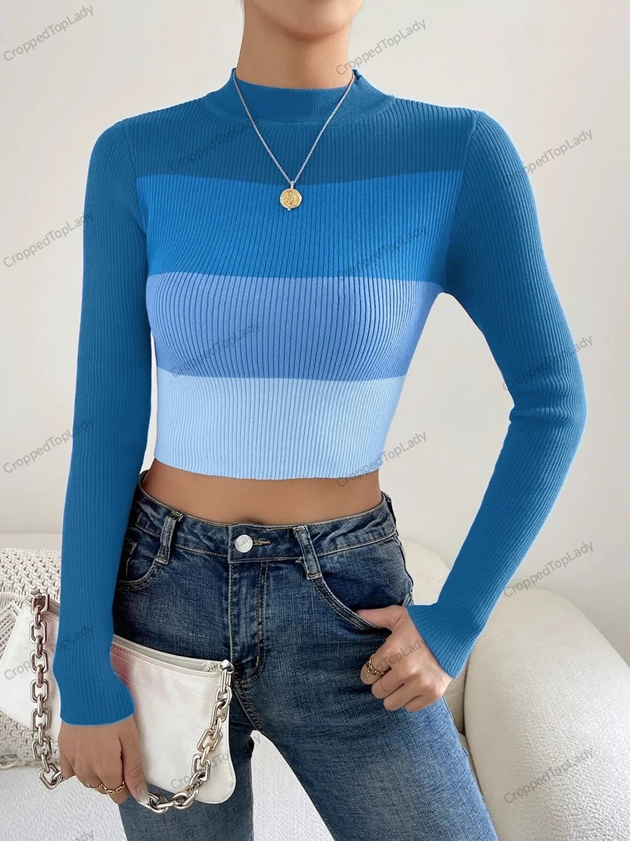 Spring Women Crop Colorblock Turtleneck Ribbed Long Sleeve Pull Sweater Femme Knitwear Jumper Outfits Pullovers