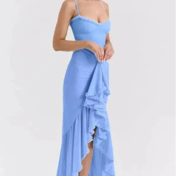 Suninheart Irregular Mesh Party Dresses 2024 New Arrivals Spaghetti Strap Bodycon Dress Fashion Ruched Long Dress Women