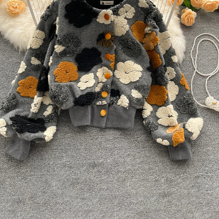 Sweet Long Sleeve Single Breasted Short Jacket Retro Three-dimensional Flower O Neck Clothing Winter 6 Color Coat