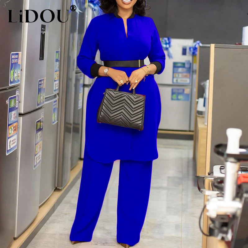 Spring Autumn New Elegant Fashion Plus Size Solid Two-piece Sets Women Loose Casual Office Lady Wide Leg Pants Oversized Clothes