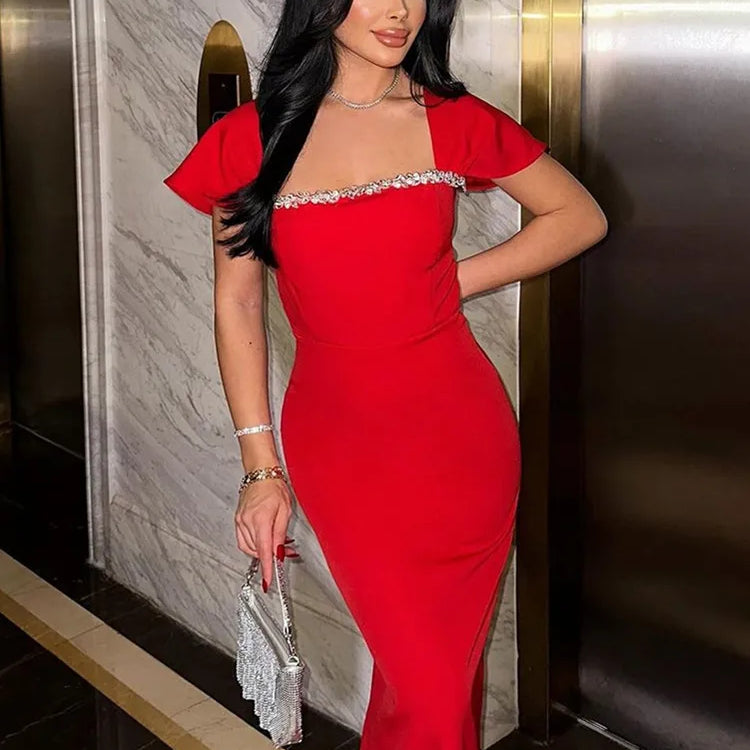 Women Celebrity Sexy Beading Diamonds Blue Red Black Maxi Long Bodycon Bandage Dress 2025 Elegant Evening Club Party Dress