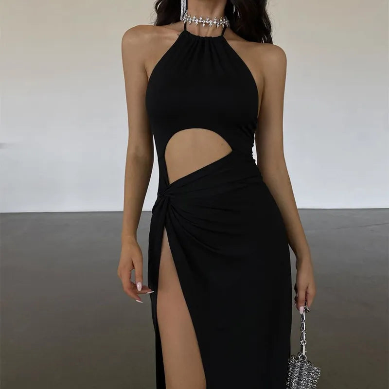 Sexy Prom Party Black Long Dress Elegant Waist Hollow Out High Split Summer Dresses Fashion Backless Lace Up Women Robe black