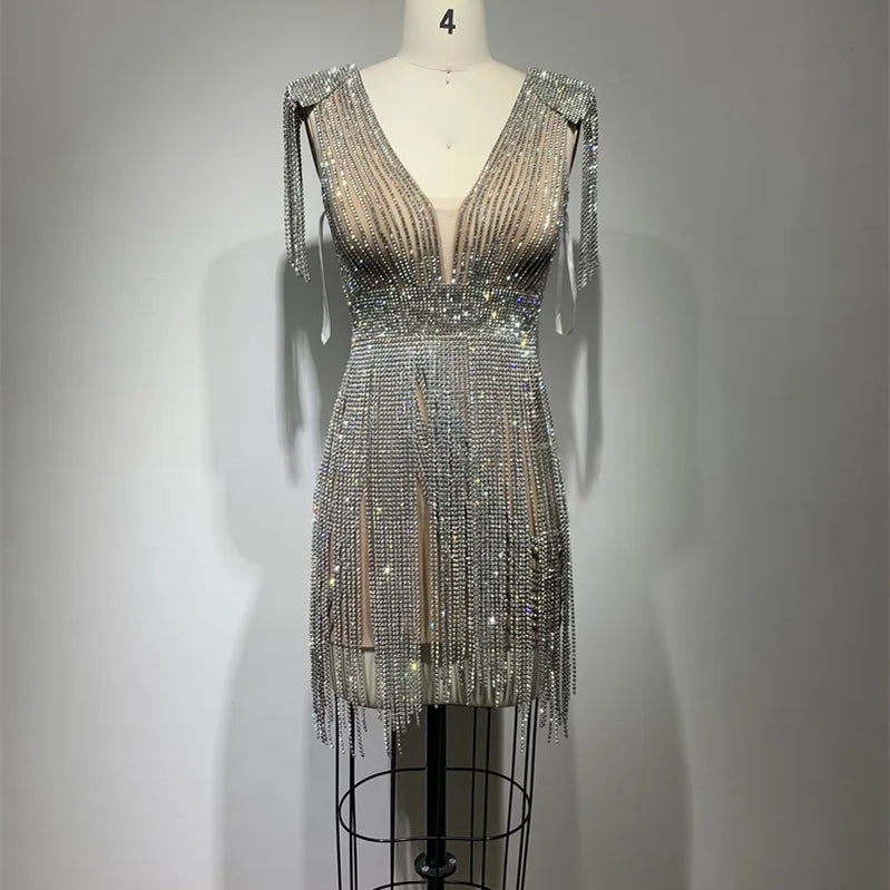 STOCK High Quality Super Shining Diamond Tassel Sexy V-Neck Mini Dress Fashion Woman Birthday Party Outfit Performance Costume