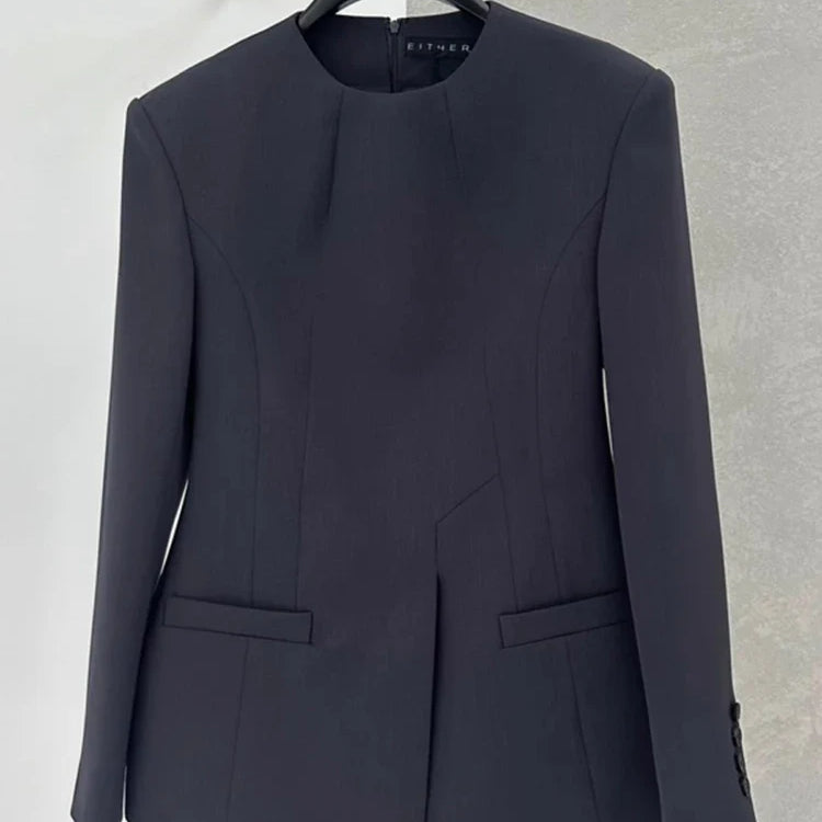 LANMREM Chic Blazer Coat For Women Long Sleeves Round Collar Irregular Fashion Office Lady Clothing Summer New 2DA5301 Dark Gray