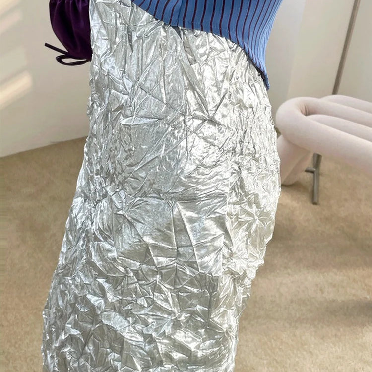 Texture Long Silver Skirt For Women 2024 Summer Metallic High Fashion A Line Glitter Slit Midi Skirt Designer Clothes