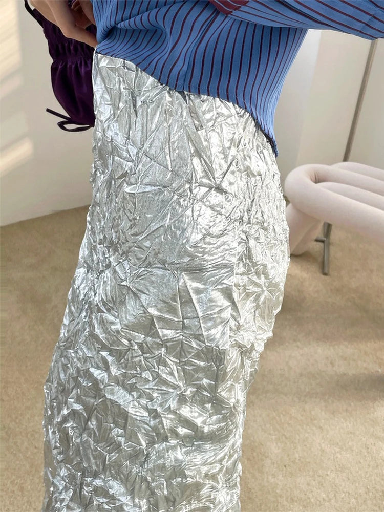 Texture Long Silver Skirt For Women 2024 Summer Metallic High Fashion A Line Glitter Slit Midi Skirt Designer Clothes