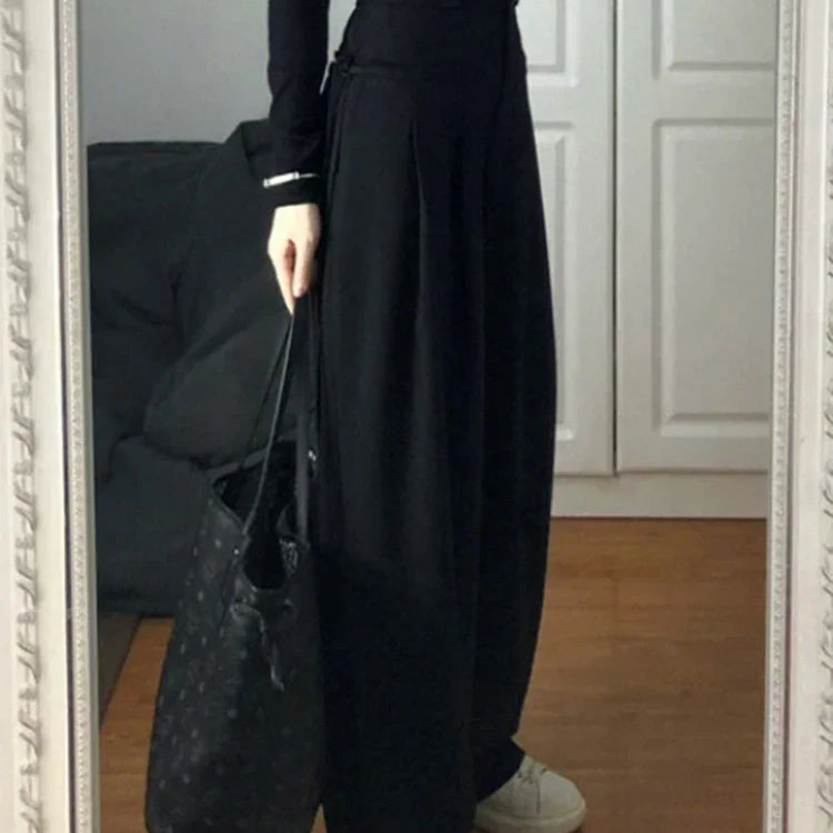 New Fashion Simple High-waisted Wide-leg Female Suit Pants American Full-length Black Casual Straight Solid Color Women's Pants