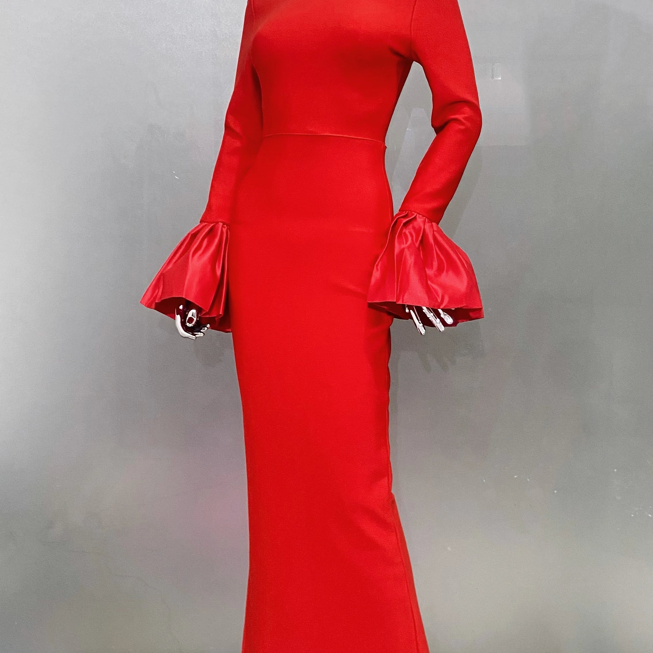 Red Color Women Flare Sleeve Shinning Crystal Necklace Bodycon Bandage Long Dress Elegant Evening Party Celebrate Dress