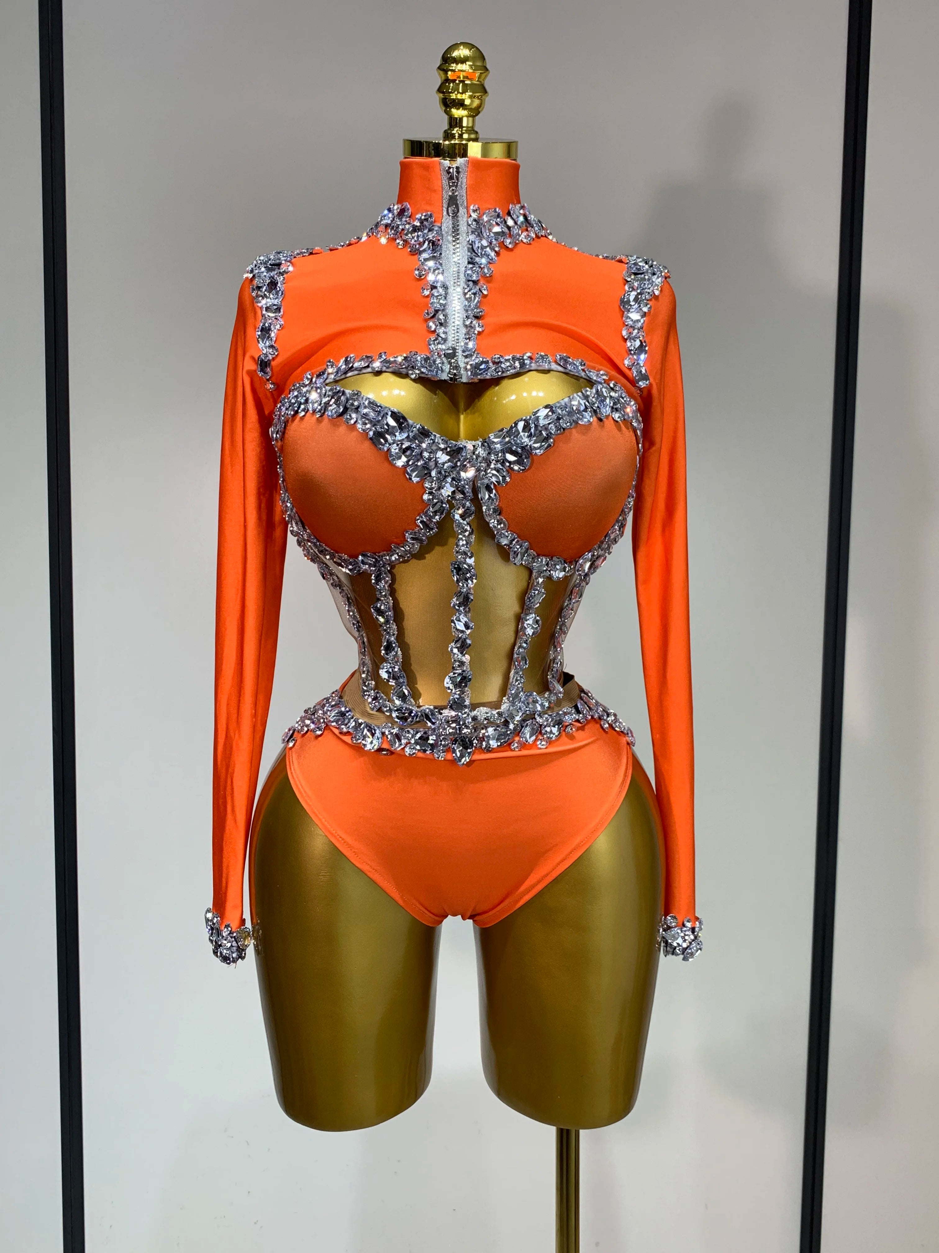 Sparkly Rhinestone Stage Outfit Women Long Sleeve Three Piece Set Dance Drag Queen Nightclub Evening Party Birthday Costume