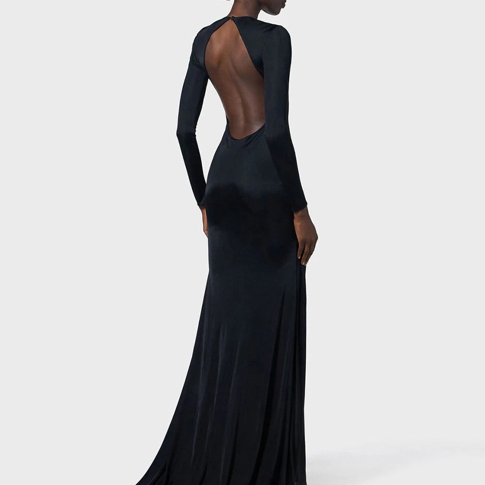 Elegant Solid Women Long Sleeved Floor Length Dress Sexy Party Backless Slim Female Maxi Dresses 2025 Summer New Chic Lady Robe