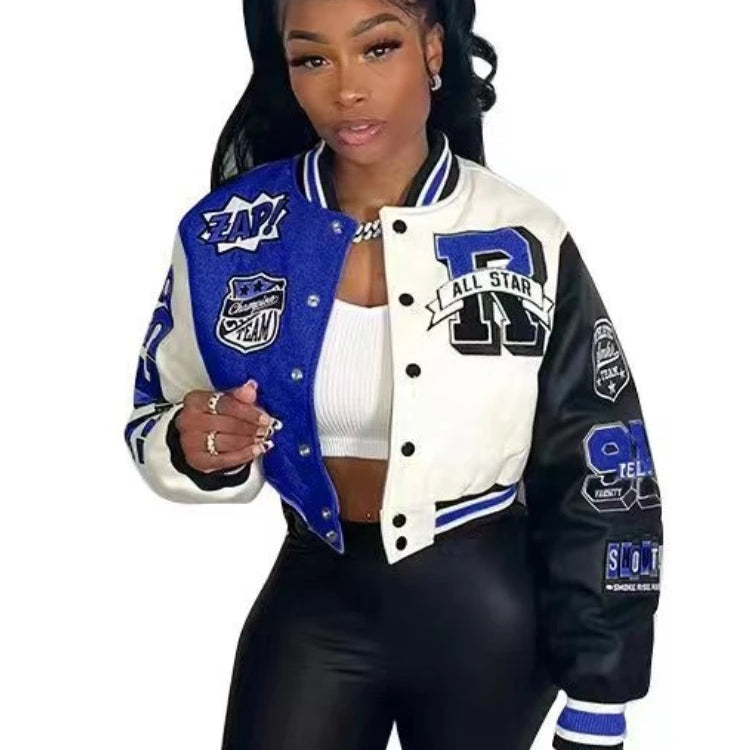 Overcoat Casual Letter Print Patchwork Jacket Round Neck Regular Fit Blazer Women Y2k Style Fall Coat Autumn Winter Short Jacket