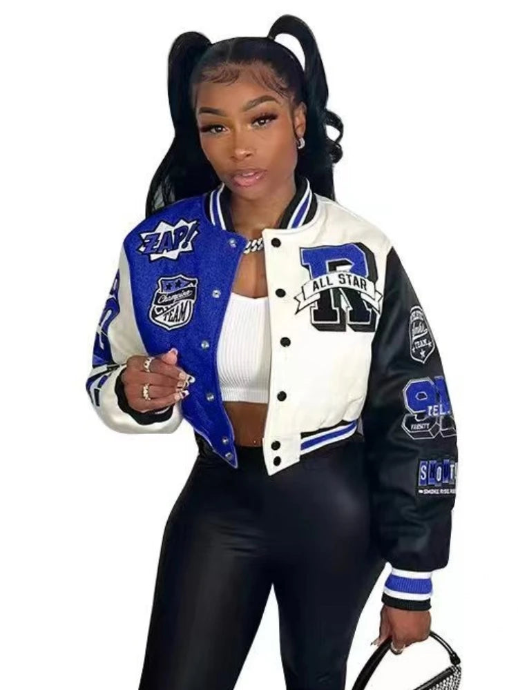 Overcoat Casual Letter Print Patchwork Jacket Round Neck Regular Fit Blazer Women Y2k Style Fall Coat Autumn Winter Short Jacket