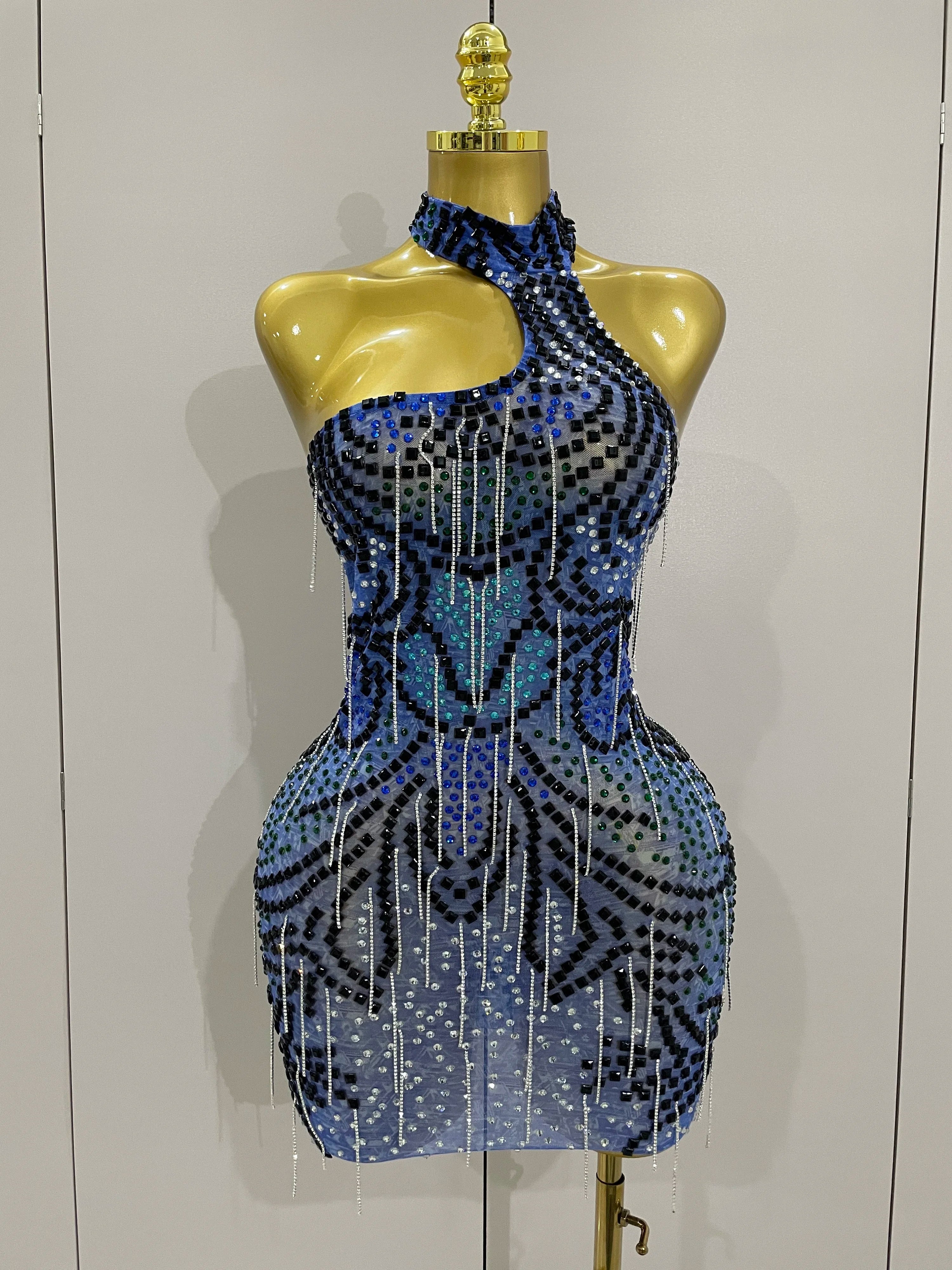 Sexy Sparkly Rhinestones Chains Blue Mesh Short Dress 2025 New Women Party Celebrate Birthday Dresses Photo Shoot Stage Wear