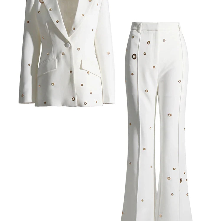 TWOTWINSTYLE Soild Minimalist Sets For Women Turn Down Collar Long Sleeve Patchwork Button Pockets Set Female Fashion Clothing White