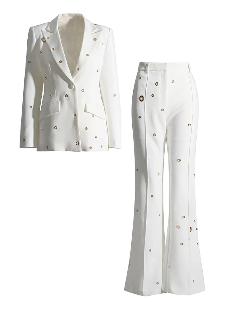 TWOTWINSTYLE Soild Minimalist Sets For Women Turn Down Collar Long Sleeve Patchwork Button Pockets Set Female Fashion Clothing White