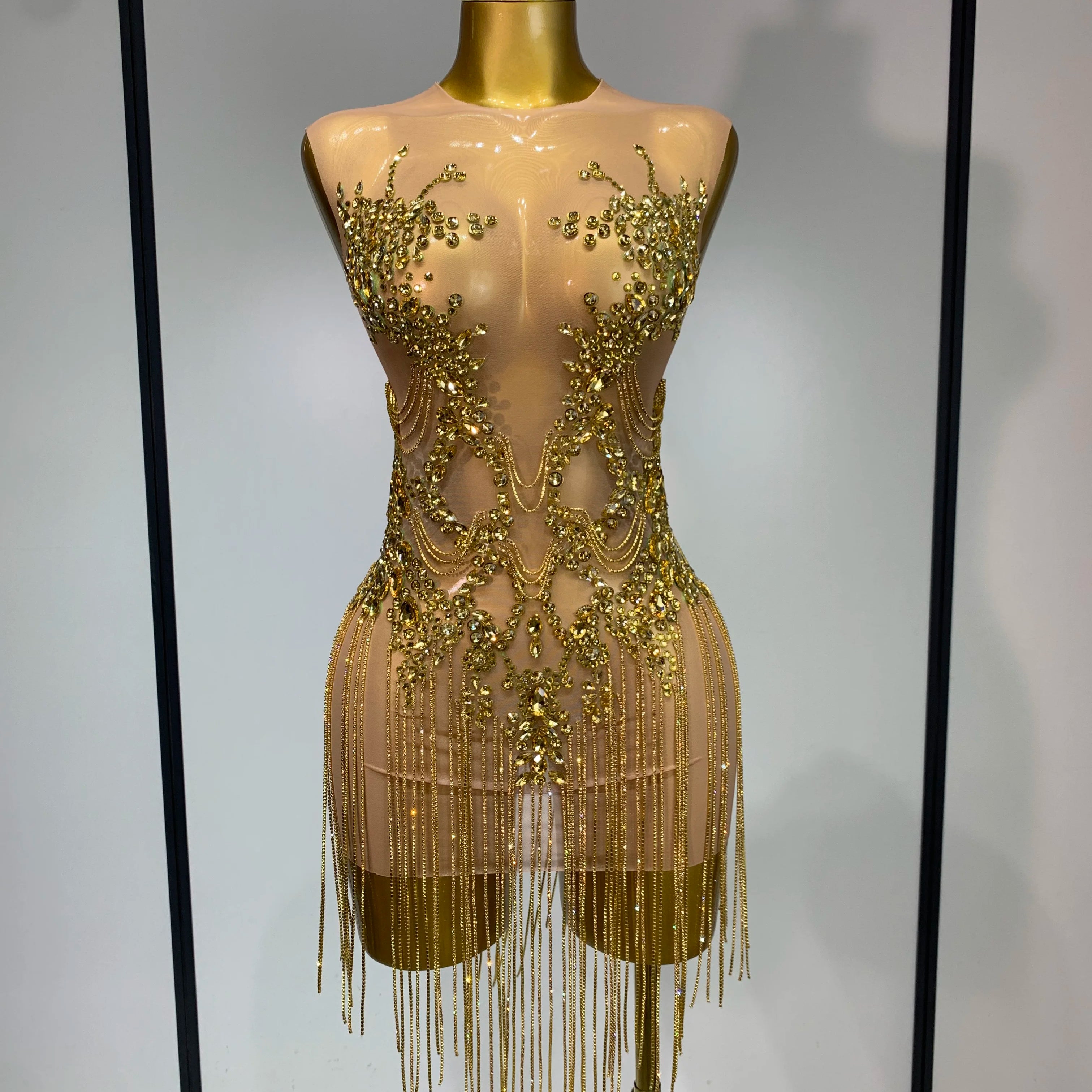 Luxury Rhinestones Chain Sleeveless Mini Dress Celebrity Elegant Sexy Performance Dance Nightclub Outfit Birthday Party Dress